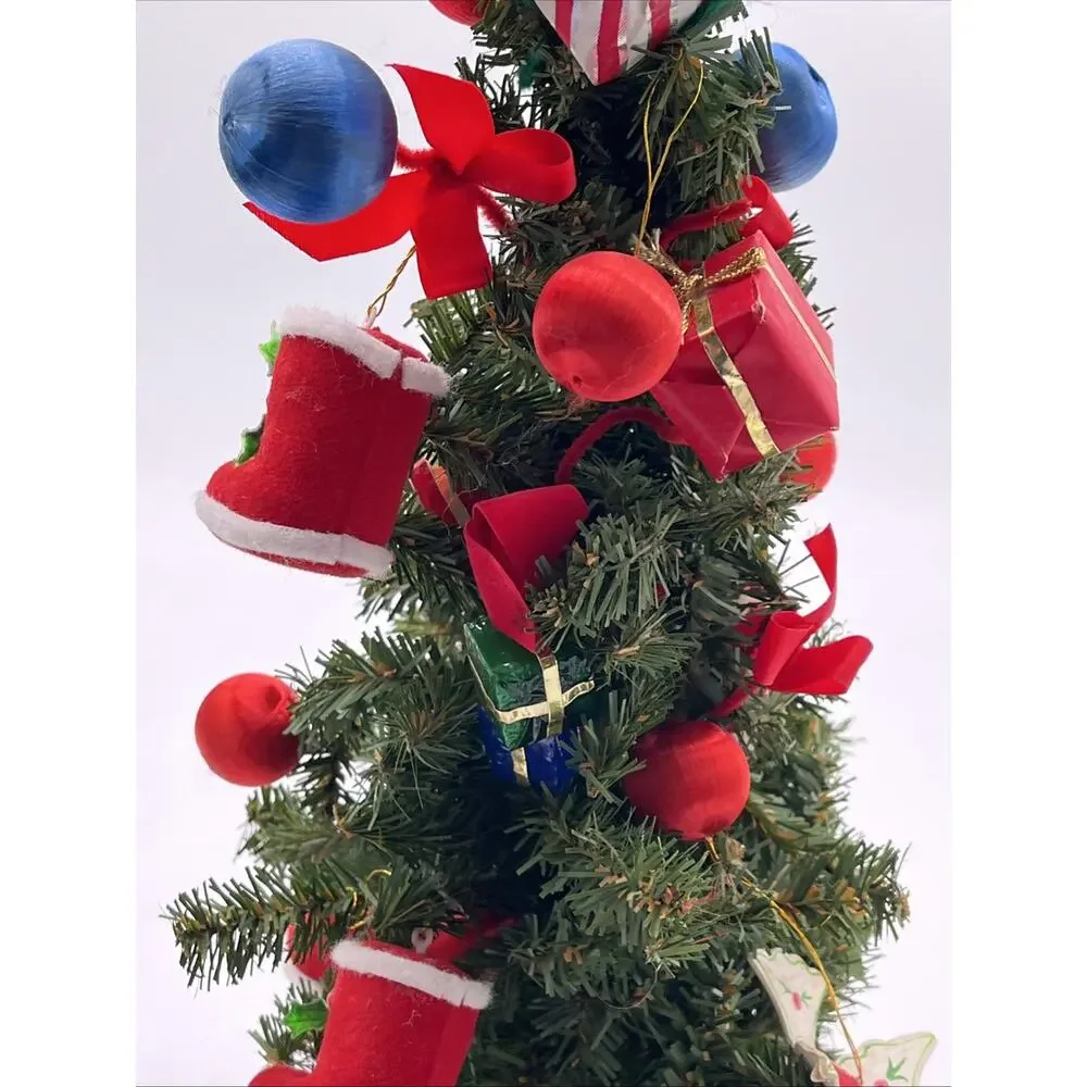 Vintage 19” Decorated Table Christmas Tree Wooden, Flocked & Folk Art Ornaments